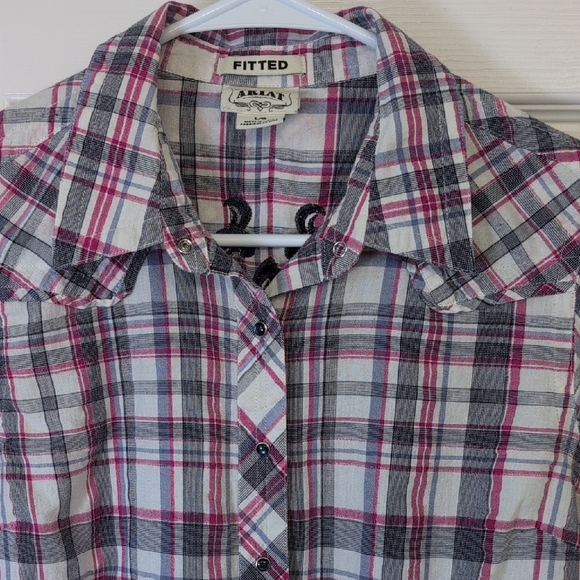 Ariat Women's Plaid Button-Down Shirt - Pink and Gray Embroided Back - Picture 3 of 11